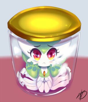 1girl :&lt; against_glass artist_name blush bob_cut chibi closed_mouth colored_skin cumjar_(meme) eyelashes female_focus flat_chest gardevoir gen_3_pokemon green_hair green_skin groin hands_against_glass hands_up highres in_container in_jar jar kneeling looking_at_viewer meme multicolored_skin navel nintendo pokemon pokemon_(creature) raised_eyebrows red_eyes sad short_hair signature sitting solo straight-on tears thighs two-tone_background two-tone_skin white_skin wide-eyed zyleyz