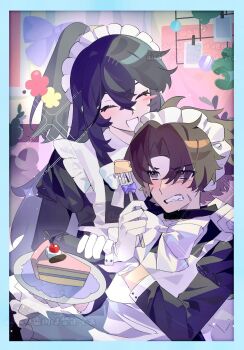 Rule 34 | 2boys, alternate skin color, apron, black dress, black hair, blush stickers, bow, bowtie, brown hair, cake, clenched teeth, closed eyes, commentary request, crossdressing, crossdressing (mtf), dress, food, fork, gala9960, hair intakes, half updo, heathcliff (project moon), highres, holding, holding fork, holding plate, hong lu (project moon), limbus company, long hair, maid, maid apron, maid headdress, male maid, multiple boys, open mouth, parted bangs, plate, project moon, purple eyes, scar, scar on face, single blush sticker, smile, teeth, very long hair, white bow, white bowtie