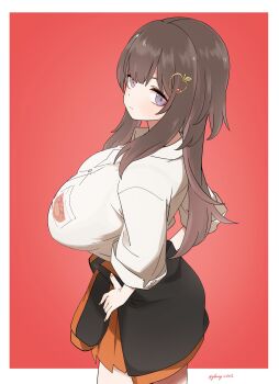 1girl :| apple_hair_ornament border breasts brown_hair closed_mouth clothes_around_waist cowboy_shot food-themed_hair_ornament from_side glassy0302 hair_ornament hand_on_own_hip highres huge_breasts jacket jacket_around_waist kuraishi_ringo_(glassy0302) long_hair looking_at_viewer looking_back orange_skirt original purple_eyes red_background shirt short_sleeves skirt sleeves_rolled_up tented_shirt twitter_username white_border white_shirt