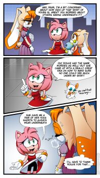 4girls amy_rose ben-day_dots bike_shorts brown_eyes child clothes_lift comic cream_the_rabbit green_eyes highres multiple_girls rouge_the_bat screentones skirt skirt_lift sonic_(series) vanilla_the_rabbit