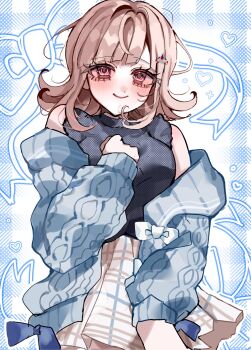 1girl alternate_costume bare_shoulders black_sweater blush breasts brown_hair brown_skirt cowboy_shot danganronpa_(series) danganronpa_2:_goodbye_despair flipped_hair hair_ornament highres jacket large_breasts medium_hair miniskirt nanami_chiaki off_shoulder open_clothes open_jacket pink_eyes skirt smile sobacha solo sweater white_background