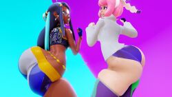 3d animated ass ass-to-ass ass_focus ass_shake black_hair bouncing_ass breasts dark-skinned_female dark_skin fur-trimmed_jacket fur_trim hair_ribbon hairband highres honey_select huge_ass jacket klara_(pokemon) large_breasts looking_back medium_breasts mole mole_under_mouth multiple_girls nessa_(pokemon) nintendo pink_hair pokemon pokemon_swsh presenting prevence purple_eyes ribbon shiny_skin short_shorts shorts smile sweat tagme take_your_pick thong uncensored video