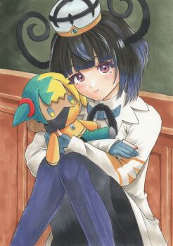 1girl black_hair black_ribbon blue_gloves blunt_bangs blush canari_(pokemon) canari_plush_(pokemon) character_doll closed_mouth commentary_request crossed_arms doll eyelashes gloves gwynn_(pokemon) hat highres holding holding_stuffed_toy indoors long_sleeves marker_(medium) mega_stone neck_ribbon nintendo partially_fingerless_gloves pokemon pokemon_legends:_z-a purple_eyes ribbon short_hair smile solo stuffed_animal stuffed_toy tomo115 traditional_media