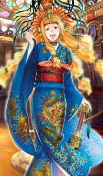 1girl :d arm_at_side arm_up aztec blonde_hair blue_kimono chin_piercing club_(weapon) colored_eyelashes commentary curtained_hair face_piercing fate/grand_order fate_(series) feet_out_of_frame floating_hair formal_clothes gold_choker green_eyes happy headband headwear_request hiroe_rei holding holding_club holding_weapon indoors japanese_clothes kimono light_rays long_hair looking_at_viewer low-tied_long_hair low-tied_sidelocks obi official_art open_mouth piercing print_kimono print_sash quetzalcoatl_(fate) quetzalcoatl_(formal_dress)_(fate) red_headband red_sash sash sidelocks smile solo stained_glass stairs standing teeth third-party_source upper_teeth_only weapon wide_sleeves