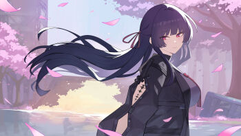 1girl absurdres arm_cutout black_hair black_jacket breasts chisa_(wuthering_waves) closed_mouth clothing_cutout commentary hair_ribbon highres jacket large_breasts long_sleeves looking_at_viewer looking_to_the_side oro_(lsg0624) outdoors red_eyes red_ribbon revision ribbon smile solo tacet_mark_(wuthering_waves) wind wuthering_waves
