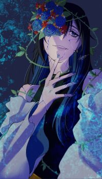 1girl ado_(utaite) black_hair black_shirt blue_eyes blue_hair blue_nails chando_(ado) colored_inner_hair cracked_skin flower flower_over_eye highres image_sample inward_(itwasleo) keeko_(kk_0012) long_hair long_sleeves multicolored_hair nail_polish open_mouth revision shirt signature sleeveless sleeveless_shirt solo thorns twitter_sample upper_body utaite
