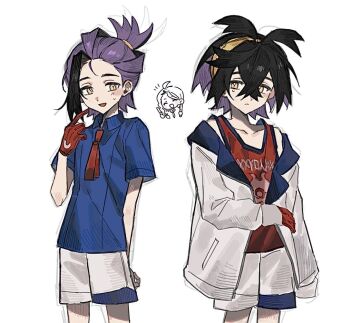 1boy 1girl black_hair blue_shirt closed_eyes closed_mouth commentary_request gloves hair_between_eyes hairband jacket juliana_(pokemon) kieran_(pokemon) korean_commentary long_sleeves male_focus mole mole_on_neck multicolored_hair multiple_views nintendo open_clothes open_jacket open_mouth pokemon pokemon_sv pokesol_1083 purple_hair red_gloves red_tank_top shirt short_sleeves shorts simple_background single_glove sweat tank_top white_background white_jacket white_shorts yellow_eyes yellow_hairband