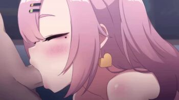 1boy 1girl animated blush deepthroat earrings fellatio green_eyes hair_ornament hairclip heart heart_earrings hetero jewelry kamuo long_hair mole mole_under_eye nicole_demara oral penis pink_hair solo_focus tagme testicles uncensored upper_body video zenless_zone_zero