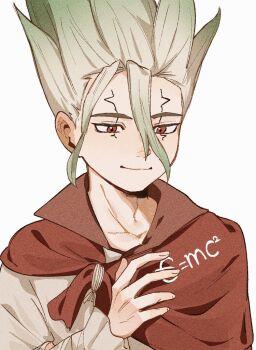 0a_9_(pixiv82791714) 1boy cape capelet closed_mouth dr._stone facial_tattoo gradient_hair green_hair hair_between_eyes ishigami_senkuu long_sleeves male_focus multicolored_hair red_cape red_capelet red_eyes shirt short_hair smile solo spiked_hair tattoo two-tone_hair upper_body white_background white_shirt