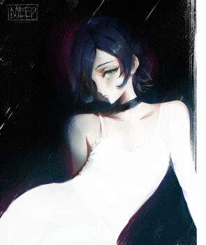 1girl absurdres artist_name blue_hair chainsaw_man choker closed_mouth dress green_eyes highres looking_at_viewer meepisblue reze_(chainsaw_man) solo white_dress