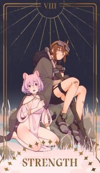 2girls absurdres bandaid bandaid_on_knee bandaid_on_leg black_shorts boots breasts brown_boots brown_coat brown_eyes brown_gloves brown_hair closed_mouth coat commentary_request dress expressionless fukana_miyu_(kokuya28) full_body fur_coat gloves goggles goggles_on_head grass hair_ornament highres holding holding_sword holding_weapon kokuya_(kokuya28) looking_at_viewer medium_breasts multiple_girls open_mouth original pink_eyes pink_hair rock roman_numeral seiza short_hair shorts sideboob sitting sleeveless sleeveless_dress smile strength_(tarot) sword tarot toga weapon white_dress x_hair_ornament