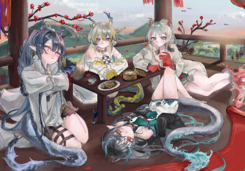 4girls arknights black_hair commentary_request dragon_girl dragon_horns dragon_tail dusk_(arknights) earrings eastern_dragon_tail highres horns jewelry ling_(arknights) marin_(jaguchi38) multicolored_hair multiple_girls nian_(arknights) pointy_ears purple_eyes red_eyes shu_(arknights) siblings sisters streaked_hair tail tassel tassel_earrings white_hair