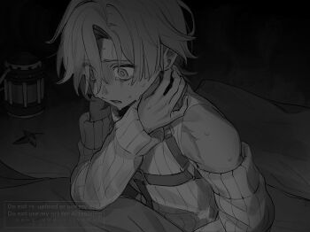 Rule 34 | 1boy, 39 iduki, bare shoulders, blanket, crying, detached sleeves, earrings, genshin impact, greyscale, highres, illuga (genshin impact), jewelry, lantern, long sleeves, looking to the side, male focus, monochrome, open mouth, pillow, scared, single earring, solo, streaming tears, tears, under covers, wide-eyed