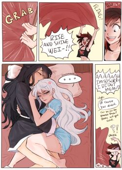 !? >_< ... 3girls alternate_hairstyle anger_vein angry animal_ears annoyed arm_around_waist ass awkward bare_legs barefoot bed bed_sheet between_legs black_hair blake_belladonna blanket blue_eyes blush breasts brown_hair cat_ears cat_girl closed_eyes collarbone comic couple covering_own_eyes cuddling dashingicecream embarrassed english_text facing_another frills gradient_hair grey_eyes hair_down hand_on_another's_back hand_on_back happy head_on_chest head_on_pillow heart heart_print holding_person hug japanese_clothes jumping kimono knees_up leaping leg_between_thighs legs_together legs_up long_hair looking_at_another looking_down looking_up lying messy_hair midriff multicolored_hair multiple_girls navel nightgown on_bed on_side one_eye_closed open_mouth pants parted_lips pillow red_hair ruby_rose rwby sash sheet_grab short_hair short_sleeves shouting sleeping sleepwear sleepy smile speech_bubble surprised sweat talking tank_top teeth tongue torso_grab very_long_hair walk-in weiss_schnee white_hair yukata yuri