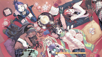 Rule 34 | 5girls, area (arika), arika, artist request, blair dame, blonde hair, braid, breasts, character request, dark-skinned female, dark skin, elbow gloves, fighting ex layer, fingerless gloves, fishnet pantyhose, fishnets, glasses, gloves, hair ornament, highres, long hair, looking at viewer, multiple girls, nanase (arika), official art, official wallpaper, open mouth, pantyhose, pillow, pullum purna, sanane, scarf, sharon (arika), short hair, smile, thighhighs, twin braids, x hair ornament