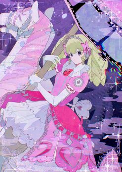 1girl amusement_park bow carousel chromatic_aberration dress elbow_gloves falulu gears glitch gloves green_hair grey_eyes hair_bow headphones highres horse horseback_riding idol_clothes long_hair looking_at_viewer lrprr pink_bow pink_dress pretty_series pripara puffy_short_sleeves puffy_sleeves riding short_sleeves sidesaddle sitting solo sparkle tiara twintails white_gloves white_horse winding_key