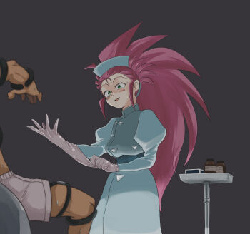 Rule 34 | absurdres, adjusting clothes, adjusting gloves, boxers, gloves, hakubi washuu, hat, highres, juliet sleeves, latex, latex gloves, long sleeves, male underwear, mandarin collar, masaki tenchi, meyama mamezou, nurse, nurse cap, out of frame, puffy sleeves, restrained, tenchi muyou!, underwear