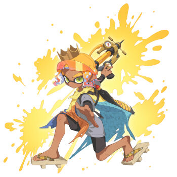 1boy black_shorts blonde_hair closed_mouth commentary_request crown dark-skinned_male dark_skin eyebrow_cut eyewear_on_head full_body geta gold_crown gradient_hair green_eyes grey_shirt highres holding holding_weapon ink_tank_(splatoon) inkling inkling_boy inkling_player_character layered_sleeves long_sleeves looking_at_viewer male_focus multicolored_hair nintendo patchwork_clothes pink_hair pointy_ears shirt short_hair short_over_long_sleeves short_sleeves shorts smile solo splash-o-matic_(splatoon) splatoon_(series) splatoon_3 sunglasses surume01417 tentacle_hair thick_eyebrows tilted_headwear weapon