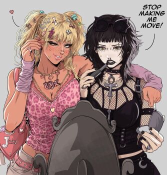 2girls absurdres animal_print ankh_necklace applying_lipstick applying_makeup applying_mascara arm_around_shoulder black_hair black_lips black_nails blonde_hair blue_eyes braid breasts chin_piercing cleavage earrings english_text eyewear_on_head face_piercing fishnets goth_fashion grey_background highres hoop_earrings jewelry leopard_print multiple_girls nose_piercing nose_ring one_eye_closed original piercing pink_lips sunglasses twintails yellow_eyes yoracrab