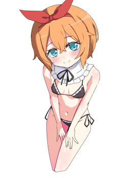 1girl absurdres bikini blue_eyes blush breasts collar commentary detached_collar double-parted_bangs frilled_collar frills hairband highres itsuki_ai looking_at_viewer maid maid_bikini navel orange_hair petra_leyte re:zero_kara_hajimeru_isekai_seikatsu red_hairband short_hair side-tie_bikini_bottom small_breasts swimsuit unconventional_maid