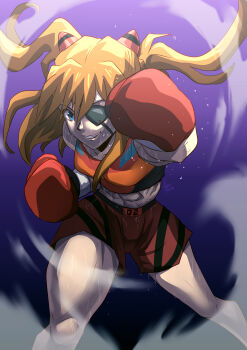 Rule 34 | 1girl, absurdres, blonde hair, blue eyes, boxing, boxing gloves, boxing shorts, breasts, eyepatch, facing viewer, floating hair, flying sweatdrops, gloves, gradient background, grin, hadiruto, hair between eyes, hair ornament, hairclip, highres, interface headset (evangelion), muscular, muscular female, neon genesis evangelion, pixiv username, punching, purple background, rebuild of evangelion, red gloves, red shorts, red sports bra, shorts, small breasts, smile, souryuu asuka langley, sports bra, sweat, upper body