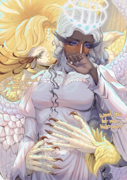 2girls absurdres angel angel_wings beak bird_girl blackberreh-art blush claws closed_eyes colored_sclera colored_skin commentary covering_own_mouth drill_hair english_commentary feathers furry furry_female glowing glowing_halo grey_hair grey_sclera grey_skin halo hazbin_hotel hellaverse highres hug hug_from_behind long_eyelashes multiple_girls sera_(hazbin_hotel) speaker_of_god_(hazbin_hotel) wings yellow_feathers yuri