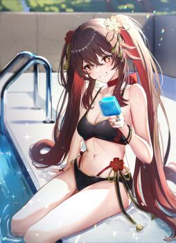 Rule 34 | 1girl, alternate costume, bare shoulders, bikini, black bikini, breasts, brown hair, choker, cleavage, day, flower, flower-shaped pupils, food, gao kawa, genshin impact, gradient hair, grin, hair flower, hair ornament, highres, holding, holding food, holding popsicle, hu tao (genshin impact), jewelry, long hair, looking at viewer, medium breasts, multi-strapped bikini, multicolored hair, multiple rings, navel, outdoors, poolside, popsicle, red choker, red eyes, ring, side-tie bikini bottom, sidelocks, sitting, smile, soaking feet, solo, stomach, string bikini, swimsuit, symbol-shaped pupils, thighs, twintails, v-shaped eyebrows, very long hair, water, wet