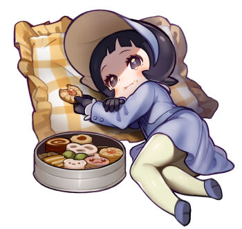 Rule 34 | 1girl, :t, = (9 yawbus), biscuit (bread), black gloves, black hair, blunt bangs, blush, buttons, cardigan, closed mouth, commentary request, cushion, dress, eating, eyelashes, food, food on face, gloves, grey cardigan, grey dress, grey eyes, grey footwear, grey headwear, highres, holding, holding food, long sleeves, lying, nintendo, on side, pantyhose, pokemon, pokemon sv, poppy (pokemon), sad, shoes, short hair, tearing up, tin (container), visor cap, white background, yellow pantyhose