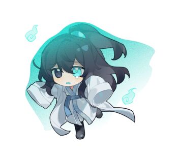 1boy aqua_eyes aqua_tongue black_boots black_hair boots chinese_clothes coat commentary crying ghost half_updo hanfu heterochromia highres hong_lu_(project_moon) limbus_company long_hair open_mouth project_moon rostina-pason simple_background sleeves_past_fingers sleeves_past_wrists solo symbol-only_commentary very_long_hair white_background white_coat white_hanfu