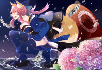 10s 1girl animal_ears bare_shoulders blue_thighhighs bow breasts cleavage dated detached_sleeves fang fate/extra fate/grand_order fate_(series) female_focus flower fox_ears fox_tail hair_bow hair_ribbon hydrangea japanese_clothes large_breasts long_hair ofuda oil-paper_umbrella open_mouth pink_hair puyue ribbon siddham signature solo tail tamamo_(fate) tamamo_no_mae_(fate) thighhighs twintails umbrella water water_drop yellow_eyes