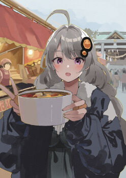 4girls :d ahoge black_jacket blue_sky blush braid breasts brown_gloves cloud commentary_request day dress fingerless_gloves food fur-trimmed_jacket fur_trim gloves grey_dress hair_between_eyes hair_ornament highres holding jacket kizuna_akari lamb_(hitsujiniku) large_breasts long_hair long_sleeves looking_at_viewer low_twintails multiple_girls open_clothes open_jacket open_mouth outdoors people puffy_long_sleeves puffy_sleeves purple_eyes shide shirt shrine sky smile solo_focus twin_braids twintails very_long_hair voiceroid white_shirt