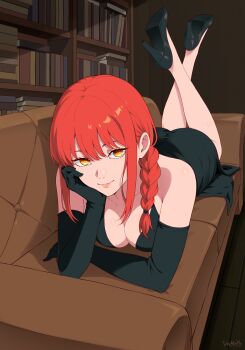 1girl absurdres black_dress black_gloves bookshelf braid breasts chainsaw_man closed_mouth couch dress elbow_gloves feet_up gloves high_heels highres looking_at_viewer lying makima_(chainsaw_man) medium_breasts on_couch on_stomach red_hair sidelocks solo stayaliveplz the_pose yellow_eyes