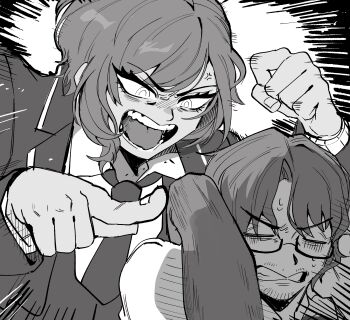 1boy 1girl absurdres anger_vein angry arms_up arthropod_limbs beard_stubble business_suit clenched_hand clenched_teeth closed_eyes coat collared_shirt covering_own_ears emphasis_lines eyes_visible_through_hair facial_hair fingernails formal_clothes glaring glasses gregor_(project_moon) greyscale hair_between_eyes hands_on_own_ears hands_on_own_head hatching_(texture) highres jacket lapels limbus_company long_hair long_sleeves looking_at_another looking_down low_ponytail male_focus monochrome motion_lines necktie notched_lapels open_mouth outis_(project_moon) parted_bangs pointing pointing_at_another ponytail project_moon semi-rimless_eyewear shirt short_hair shouting sidelocks simple_background speed_lines stubble suit suit_jacket sweat sweatdrop swept_bangs teeth tongue under-rim_eyewear upper_body v-shaped_eyebrows veins vest watch white_background wristwatch