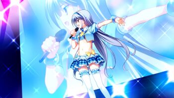 1girl blue_hair blue_skirt breasts female_focus flat_chest fluffy fluffy_clothes fluffy_collar frilled_skirt frills full_body fumio_(ura_fmo) game_cg grisaia_(series) grisaia_no_kajitsu headband highres holding holding_microphone idol idol_clothes idol_mahou_shoujo_chiruchiru_michiru kazami_kazuki kneehighs layered_skirt loli long_hair microphone midriff miniskirt music navel official_art on_stage open_mouth outstretched_arm puffy_short_sleeves puffy_sleeves red_eyes sexually_suggestive short_sleeves singing skirt small_breasts socks solo solo_focus sparkle stomach thighhighs watanabe_akio white_thighhighs zettai_ryouiki