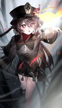 1girl :o absurdres arm_up black_footwear black_hat black_nails black_shorts brown_coat brown_hair coat commentary_request flower flower-shaped_pupils foreshortening from_above full_body genshin_impact hat hat_flower hat_tassel highres hu_tao_(genshin_impact) long_hair long_sleeves open_mouth plum_blossoms porkpie_hat red_eyes red_shirt shirt shorts solo symbol-shaped_pupils very_long_hair yukiusagi_(snowrabbit0508)