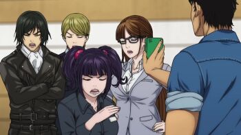 2025 2girls 3boys animated audible_speech blonde_hair breasts character_request disgust helmet highres holding holding_phone indoors japanese_audio kamen_rider large_breasts lips long_hair looking_at_another multiple_boys multiple_girls okada_yuriko phone purple_hair sound standing tagme tanzaburou_toujima title toujima_tanzaburou_wa_kamen_rider_ni_naritai twintails video wide_hips yukarisu