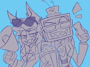 2boys alastor_(hazbin_hotel) animal_ears blue_background chinese_commentary closed_mouth commentary_request deer_ears eyewear_on_head glasses hand_up hazbin_hotel hellaverse holding holding_instrument holding_trumpet instrument looking_at_another looking_to_the_side multiple_boys sketch smile teeth trumpet vox_(hazbin_hotel) wr-winter yaoi