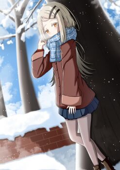 Rule 34 | 1girl, absurdres, bare tree, blue scarf, blue skirt, blue sky, boots, breath, brown boots, brown eyes, brown hair, brown jacket, closed mouth, colored eyelashes, commentary request, day, enpera, fringe trim, gakuen idolmaster, hair ornament, hairclip, hand up, highres, idolmaster, jacket, jiu (sdesd3205), long hair, long sleeves, looking at viewer, outdoors, pleated skirt, scarf, shinosawa hiro, skirt, sky, smile, snow, snowing, solo, standing, swept bangs, tree, very long hair