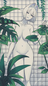1girl animal_ears blunt_bangs bob_cut breasts byackopath_(artist) cat_ears cat_girl closed_mouth collarbone colored_skin commentary_request completely_nude convenient_censoring dream_pool esmoyo_clean feet_out_of_frame film_grain grey_eyes groin head_tilt highres leaf leaf_censor looking_at_viewer medium_breasts navel nude original paid_reward_available plant short_hair signature smile solo tile_wall tiles white_hair white_skin