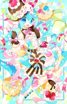 1girl 39 :d apple apple_rabbit apple_slice apron artist_name ascot bare_shoulders belt blue_eyes blue_hair blue_skirt blush boots bow brown_belt brown_gloves brown_hat brown_ribbon buttons candy candy_cane cherry colorful_background commentary cookie detached_sleeves double-breasted double-parted_bangs floating floating_object food food-themed_hat food_art food_request fork frilled_ascot frilled_skirt frills fruit full_body gloves hair_between_eyes hair_bow hair_ornament hairclip hand_on_own_face hands_up hat hatsune_miku head_tilt heart highres holding holding_candy holding_candy_cane holding_food jacket kiwi_(fruit) kneehighs long_hair looking_at_viewer multicolored_hair multicolored_jacket multicolored_skirt no_pupils open_mouth pink_bow pink_socks polka_dot pudding ribbon saijo1201 sidelocks sideways_glance skirt sleeveless sleeveless_jacket smile socks solo spoon sprinkles star_(symbol) strawberry stuffed_animal stuffed_rabbit stuffed_toy sweets teeth tilted_headwear top_hat twintails two-tone_ribbon upper_teeth_only very_long_hair vocaloid waist_apron white_ascot white_boots white_bow white_hair yellow_ribbon