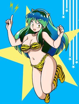 1girl animal_print bikini breasts cleavage cone_horns fangs fur_bikini green_hair highres horns index_finger_raised kokera long_hair looking_at_viewer lum medium_breasts print_bikini print_boots small_horns smile solo star_(symbol) strapless strapless_bikini striped_horns swimsuit tiger_print urusei_yatsura yellow_bikini yellow_eyes yellow_horns