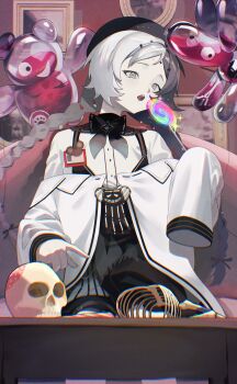 1girl :o absurdres balloon_animal balloon_party beret black_bow black_bowtie black_hair black_hat bone bow bowtie braid candy coat couch eigun801 facial_mark food forehead_mark freckles grey_eyes hat highres holding holding_candy holding_food holding_lollipop indoors lollipop long_hair looking_to_the_side low_twin_braids multicolored_hair off_shoulder on_couch picture_frame reverse:1999 shirt sitting skirt skull sleeves_past_fingers sleeves_past_wrists solo sparkle sparkle_facial_mark split-color_hair suspender_skirt suspenders swirl_lollipop table twin_braids upper_body very_long_hair white_coat white_hair white_shirt