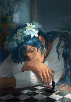 Rule 34 | 1boy, blue hair, chess piece, chessboard, closed eyes, closed mouth, commentary, dark-skinned male, dark skin, earrings, english commentary, flower, flower wreath, genshin impact, hair behind ear, highres, indoors, jewelry, kaeya (genshin impact), long hair, long sleeves, male focus, mirror, nail polish, outlander0914, parted bangs, pawn (chess), piercing, plant, potted plant, shirt, sitting, sleeping, solo, white flower, white shirt