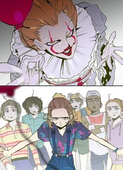 2girls 5boys balloon baseball_cap black_hair bowl_cut brown_hair clown dark-skinned_male dark_skin dustin_henderson eleven_(stranger_things) gogam1309 hair_ornament hair_scrunchie hat highres it_(stephen_king) lucas_sinclair max_mayfield mike_wheeler multiple_boys multiple_girls orange_hair overalls pennywise scrunchie short_hair stranger_things trait_connection will_byers