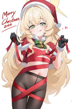 1girl black_gloves black_pantyhose blonde_hair blue_archive blush capelet commentary dombear flat_chest fur_trim gloves green_eyes hair_between_eyes hat highres looking_at_viewer naked_ribbon navel no_panties pantyhose professor_niyaniya_(blue_archive) red_capelet red_hat ribbon santa_hat smile solo stomach symbol-only_commentary tongue tongue_out