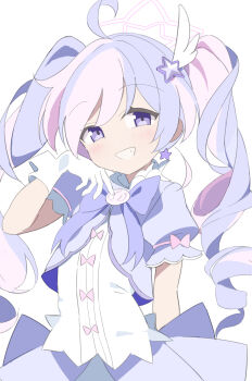 1girl ahoge amrbf00sy942173 blue_archive blush bow earrings gloves grin hair_ornament halo highres jewelry long_hair looking_at_viewer multicolored_hair pink_hair puffy_short_sleeves puffy_sleeves purple_bow purple_eyes purple_hair purple_skirt reisa_(blue_archive) reisa_(magical)_(blue_archive) shirt short_sleeves simple_background skirt smile solo star_(symbol) star_earrings star_hair_ornament streaked_hair twintails two-tone_hair white_background white_gloves white_shirt