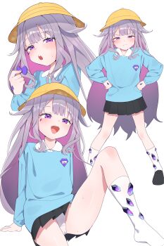 1girl absurdres alternate_costume black_skirt blue_shirt center-flap_bangs closed_mouth colored_inner_hair commentary double-parted_bangs flat_chest gem grey_hair hair_flaps hand_jewel hand_up hat highres holding_pacifier hololive hololive_english jewel_under_eye kindergarten_uniform koseki_bijou loli long_hair long_sleeves looking_at_viewer miniskirt multicolored_hair multiple_views name_tag onion_(tamanegi) open_mouth pacifier paid_reward_available panties pantyshot pink_hair pleated_skirt purple_eyes purple_gemstone school_hat shirt skirt teeth underwear upper_teeth_only very_long_hair virtual_youtuber white_panties yellow_hat