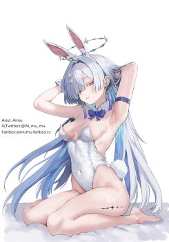 1girl aimu_(angry9565) alternate_costume animal_ear_hairband animal_ears arm_support armpits arms_up artist_name bare_shoulders barefoot blue_bow blue_bowtie bow bowtie breasts colored_eyelashes commentary covered_navel earrings fake_animal_ears fake_tail grey_hair hair_intakes hairband halo highleg highleg_leotard highres jewelry leotard long_hair looking_at_viewer medium_breasts mornye_(wuthering_waves) parted_lips rabbit_ear_hairband rabbit_ears rabbit_tail red_eyes simple_background sitting solo strapless strapless_leotard tacet_mark_(wuthering_waves) tail triangle_earrings wariza white_background wuthering_waves