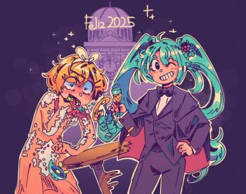 2025 2girls alcohol aqua_eyes aqua_hair asphyxiation black_cape black_eyes black_pants black_suit blonde_hair bottle bow bow_hairband bowtie building cape champagne champagne_bottle choking_on_object clenched_hand clock clock_tower commentary constricted_pupils coughing cup dress drinking_glass english_commentary failure food food-themed_hair_ornament formal_clothes fruit fruit_hair_ornament grapes grin hair_bow hair_ornament hairband hairclip hand_on_own_hip hand_on_own_neck happy_new_year hatsune_miku holding holding_cup hunched_over ice_bucket kagamine_rin laujita long_hair multiple_girls new_year one_eye_closed pants purple_background roman_numeral see-through_clothes see-through_sleeves shirt short_hair smile spanish_text suit table tongue tongue_out tower traditional_bowtie tuxedo twelve_grapes twintails very_long_hair vocaloid white_bow white_hairband white_shirt wooden_table yellow_dress