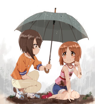 10s 2girls aged_down brown_hair crying crying_with_eyes_open dirty girls_und_panzer hitoshi_suda holding holding_umbrella injury mud multiple_girls nishizumi_maho nishizumi_miho outdoors pants rain shorts siblings sisters sitting tank_top tears umbrella